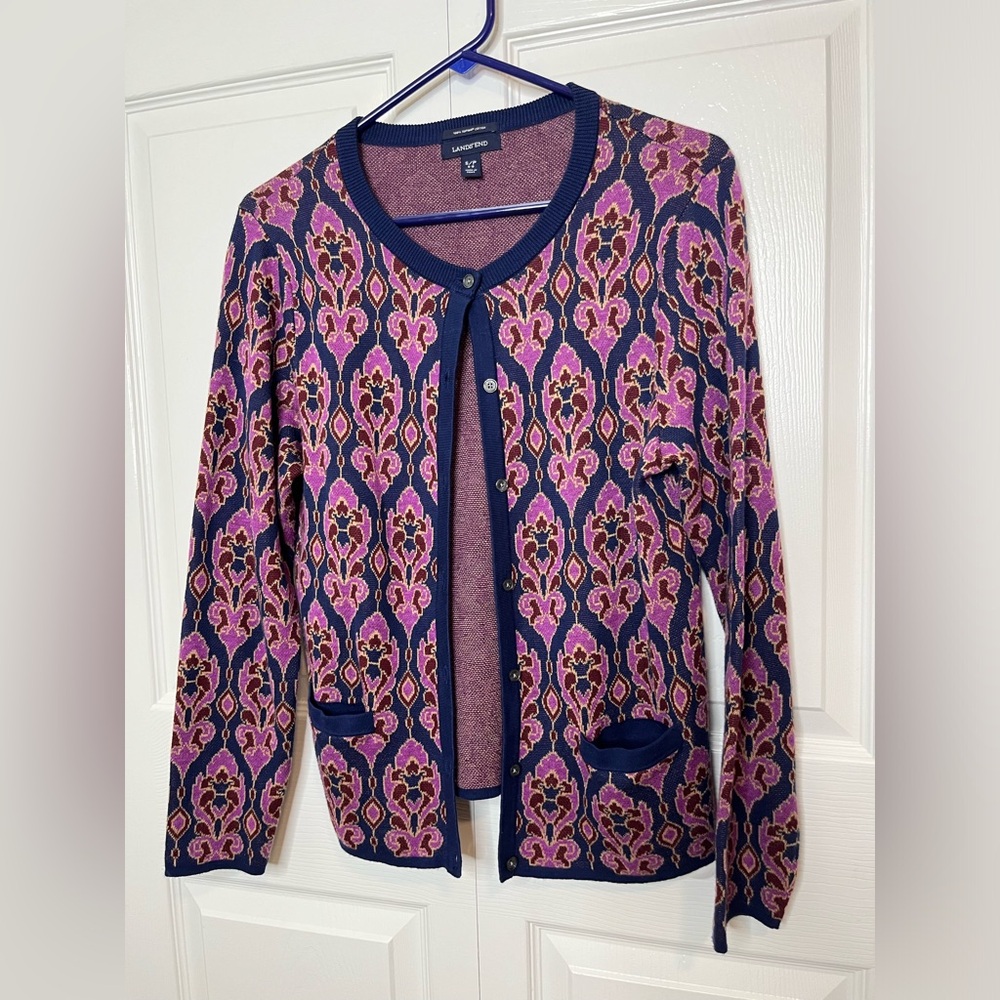 Lands End Cardigan Women's Small Petite 6-8 Purple Floral Supima Cotton New